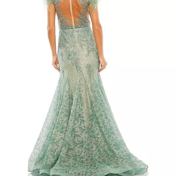 Mac Dougal Embellished Feather Cap Sleeve Illusion Neck Trumpet Gown - Picture 7 of 8